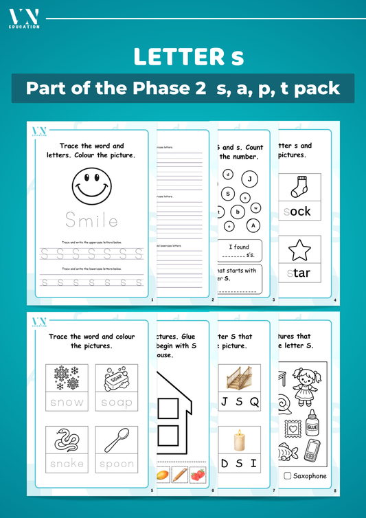 Phase 2 Phonics Workbook Bundle – Level 1 Letters S, A, T, P