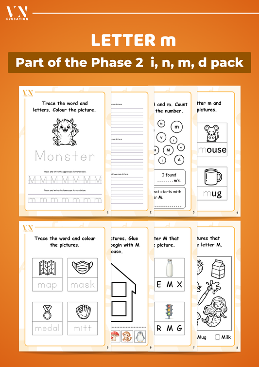 Phase 2 Phonics Workbook Bundle – Letters M, D, G, O, C, K
