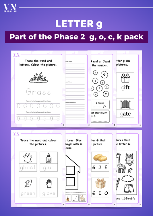 Phase 2 Phonics Workbook Bundle – Level 3 Letters G, O, C, K