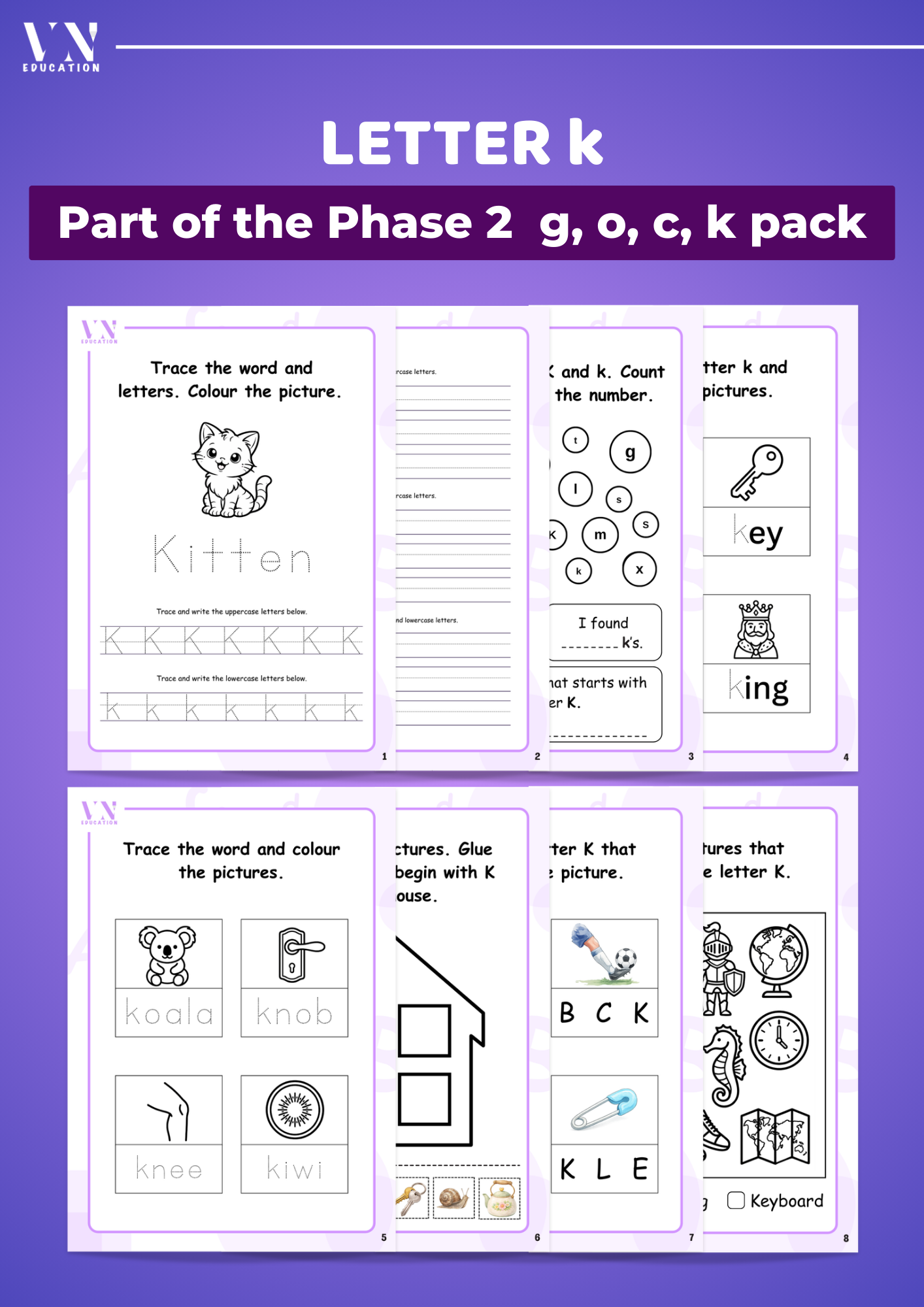 Phase 2 Phonics Workbook Bundle – Level 3 Letters G, O, C, K
