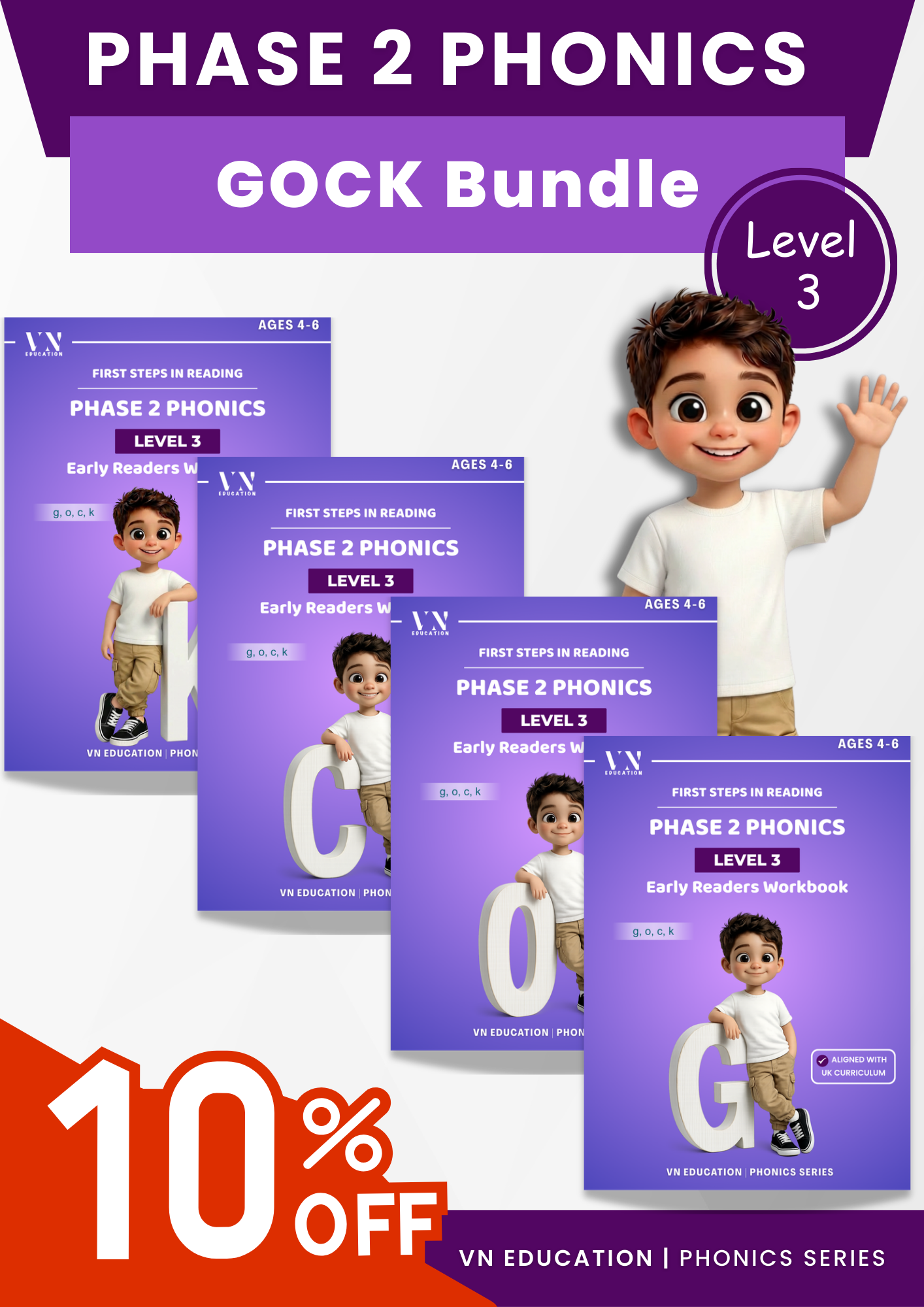 Phase 2 Phonics Workbook Bundle – Level 3 Letters G, O, C, K