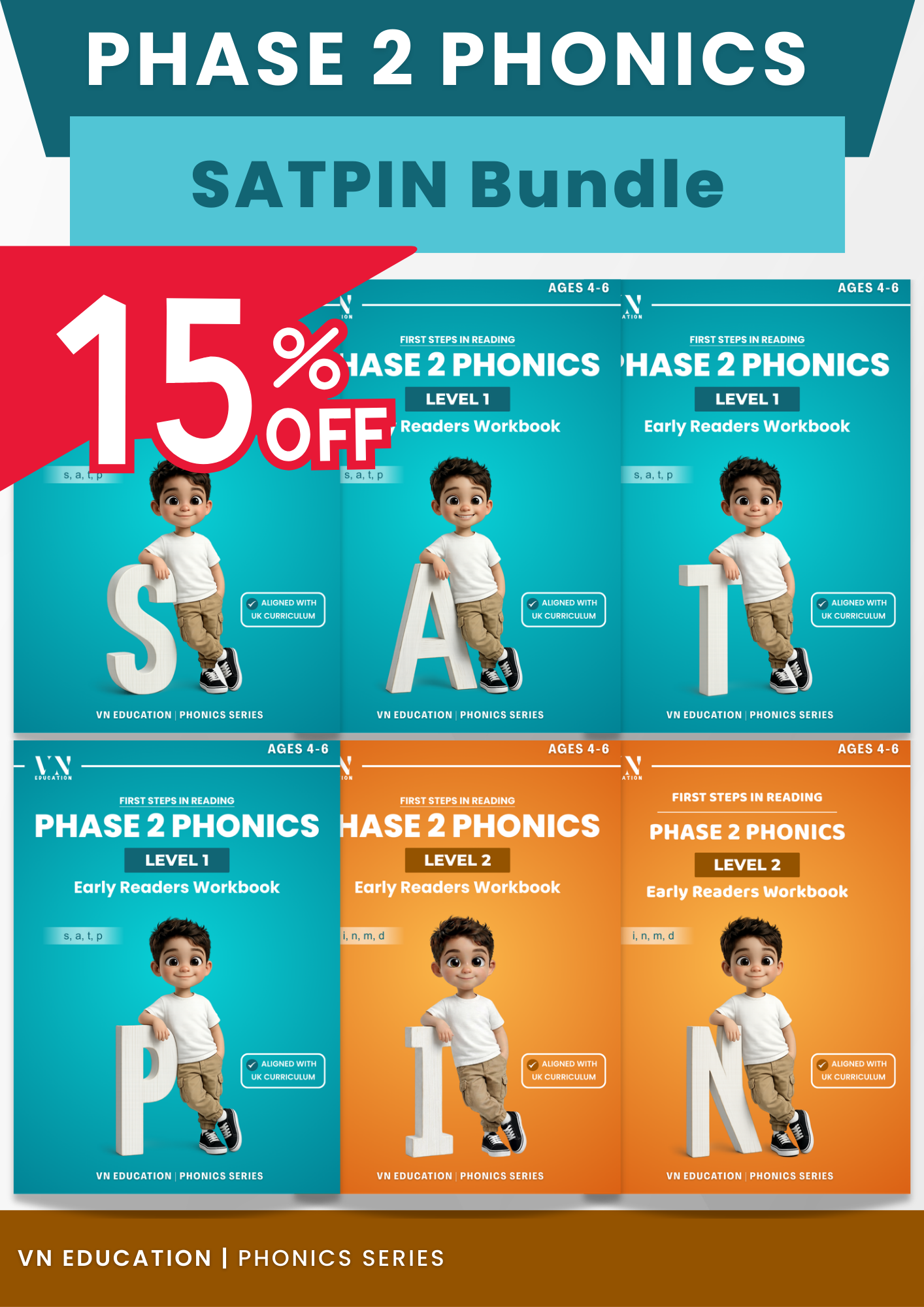 Phase 2 Phonics Workbook Bundle – Letters S, A, T, P, I, N