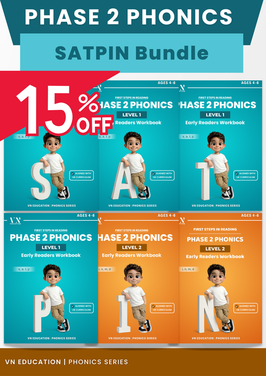 Phase 2 Phonics Workbook Bundle – Letters S, A, T, P, I, N