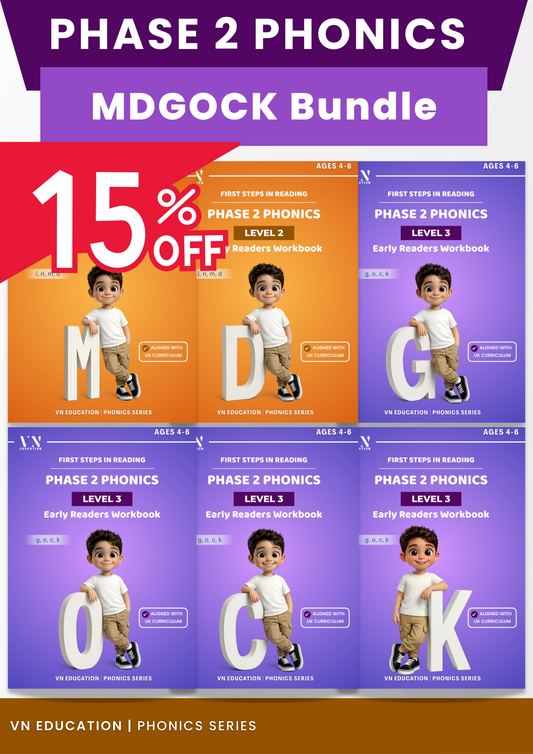 Phase 2 Phonics Workbook Bundle – Letters M, D, G, O, C, K
