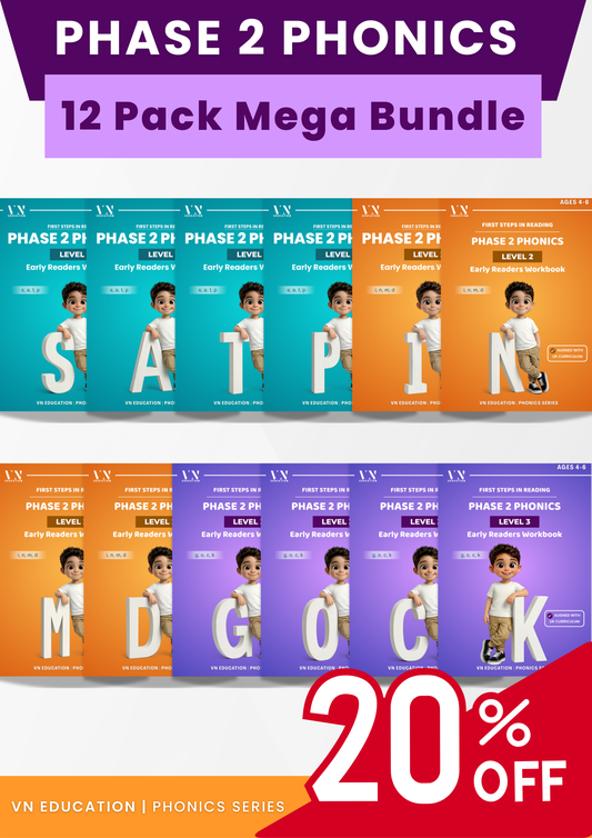 Phase 2 Phonics Workbook Bundle – Level 1 Letters S, A, T, P, I, N, M, D, G, O, C, K