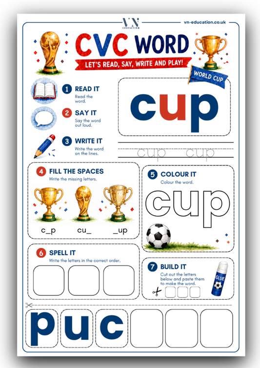 Football CVC Word Worksheet – Cup | Preschool & Kindergarten Phonics Printable