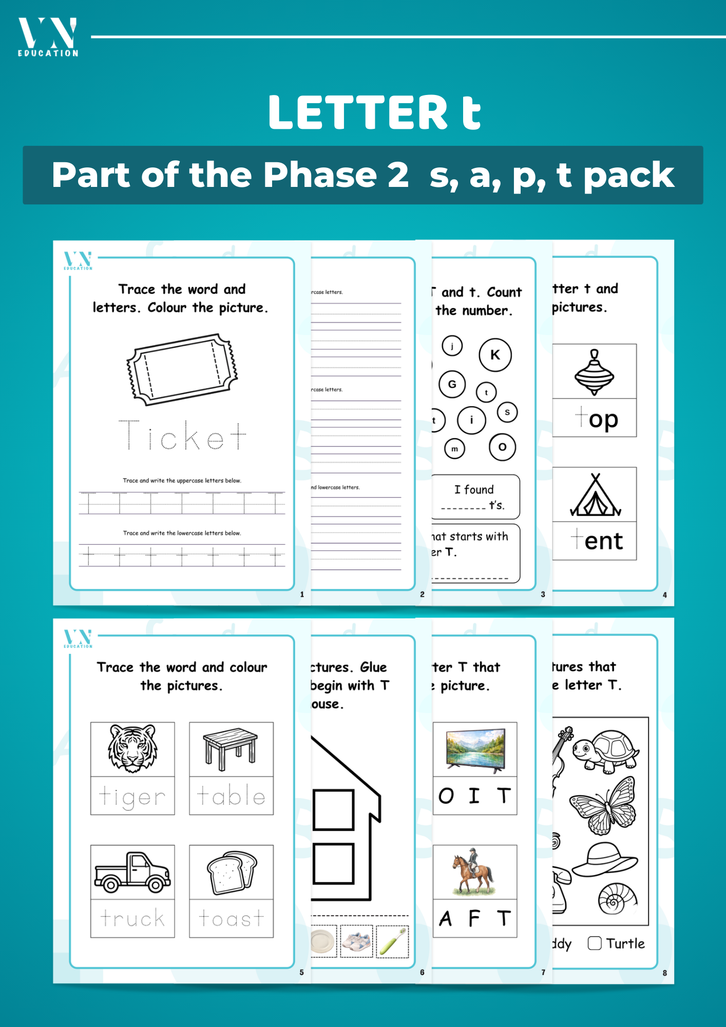 Phase 2 Phonics Workbook Bundle – Letters S, A, T, P, I, N