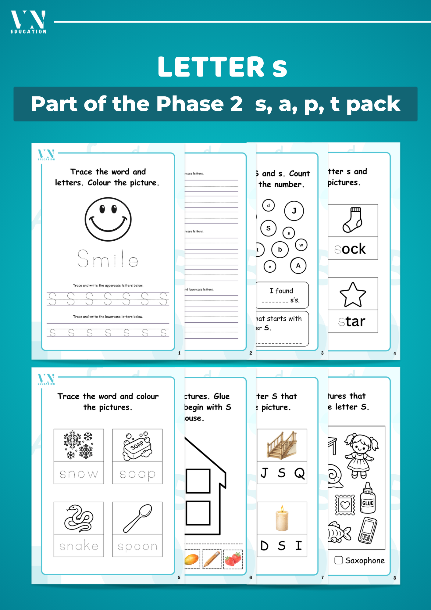 Phase 2 Phonics Workbook Bundle – Letters S, A, T, P, I, N