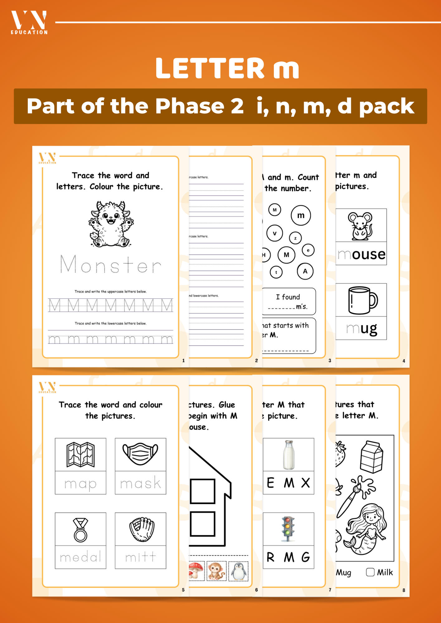Phase 2 Phonics Workbook Bundle – Letters M, D, G, O, C, K