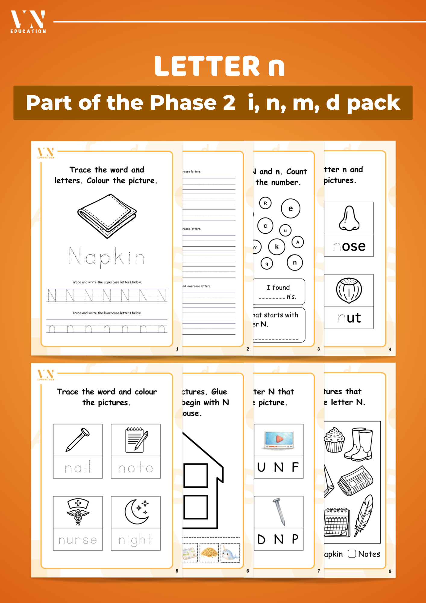 Phase 2 Phonics Workbook Bundle – Level 2 Letters I, N, M, D