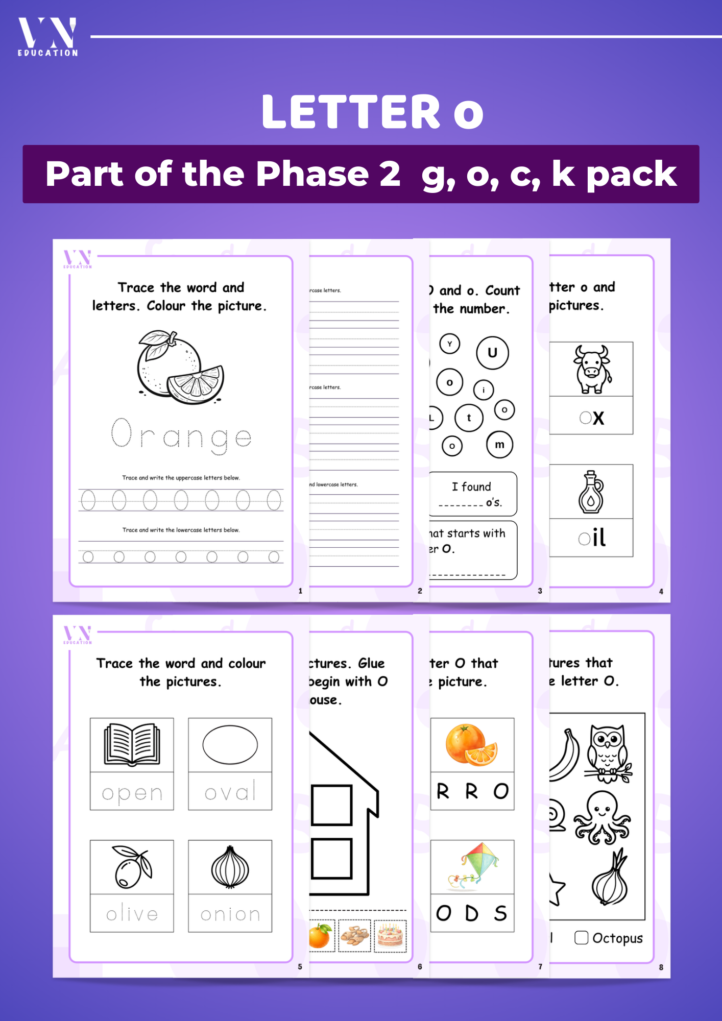Phase 2 Phonics Workbook Bundle – Level 3 Letters G, O, C, K