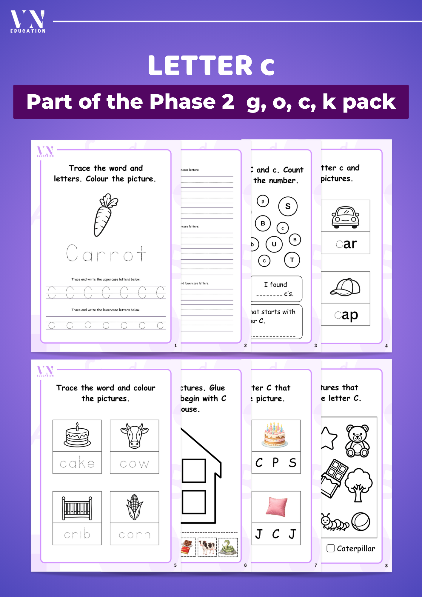 Phase 2 Phonics Workbook Bundle – Level 3 Letters G, O, C, K