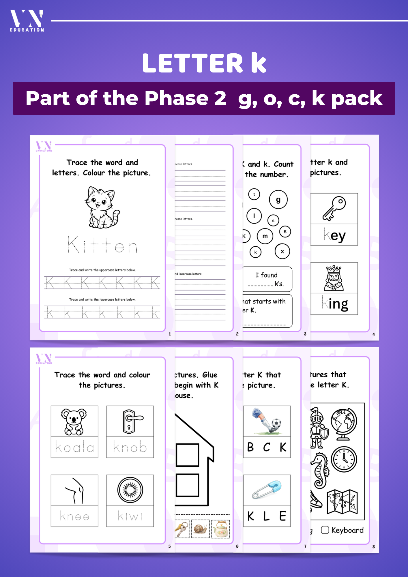 Phase 2 Phonics Workbook Bundle – Letters M, D, G, O, C, K