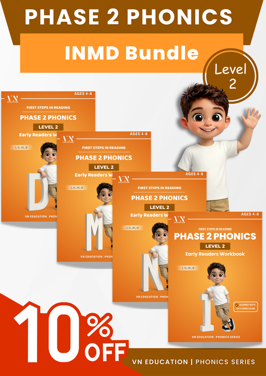 Phase 2 Phonics Workbook Bundle – Level 2 Letters I, N, M, D
